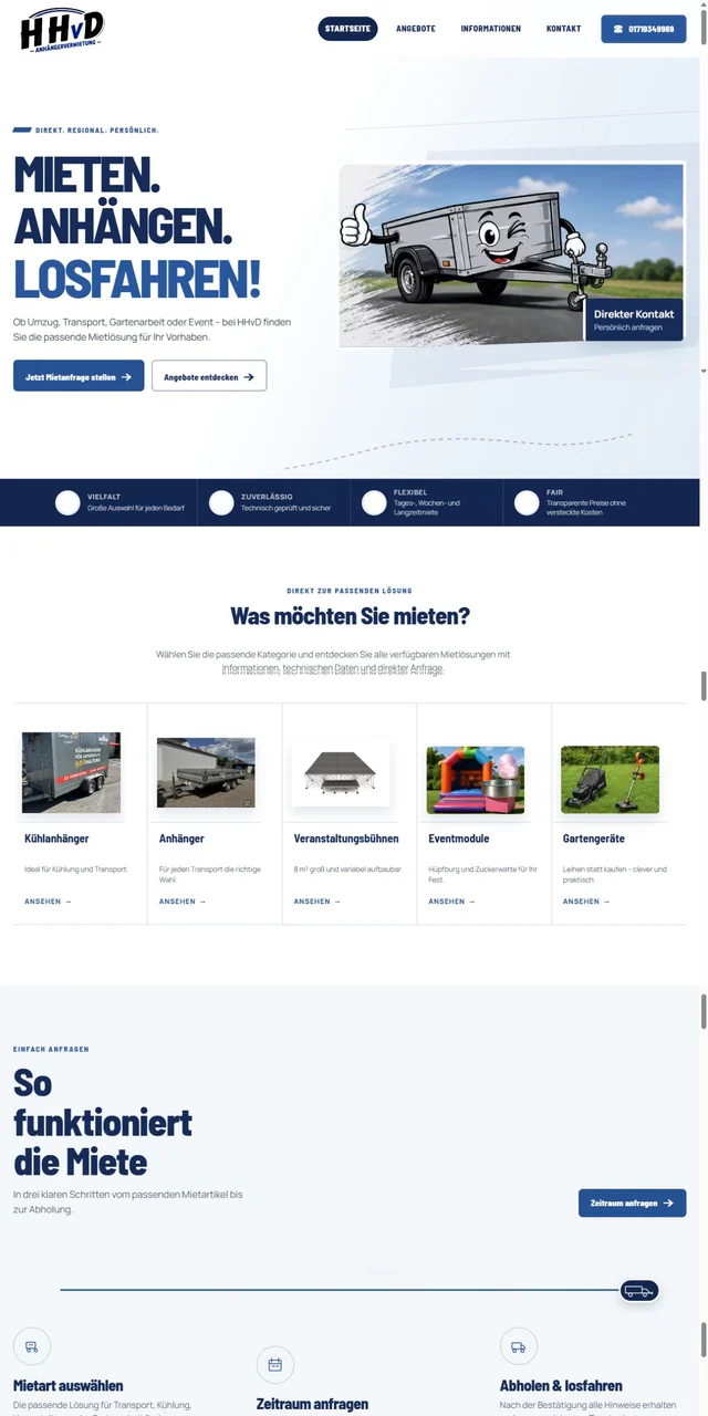Startseite der HHvD Anhängervermietung in Vechta